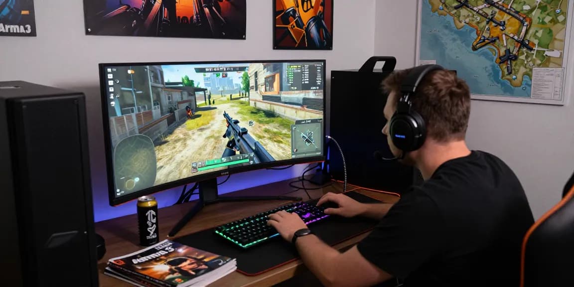 Intense gaming setup for ArmA 3 Hacks with tactical HUD, RGB keyboard, and player planning strategies.