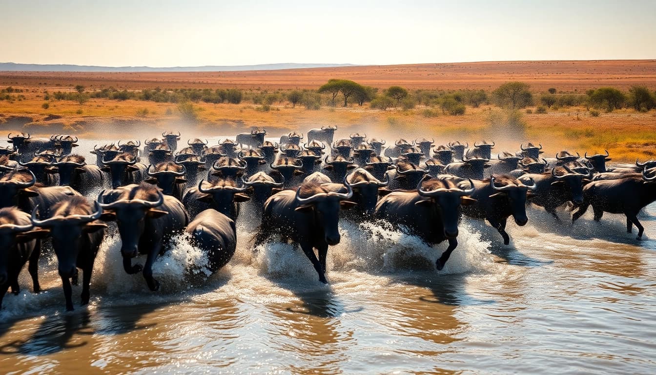 Witness wildebeest migration safari as they dash across a river, creating an exhilarating scene.