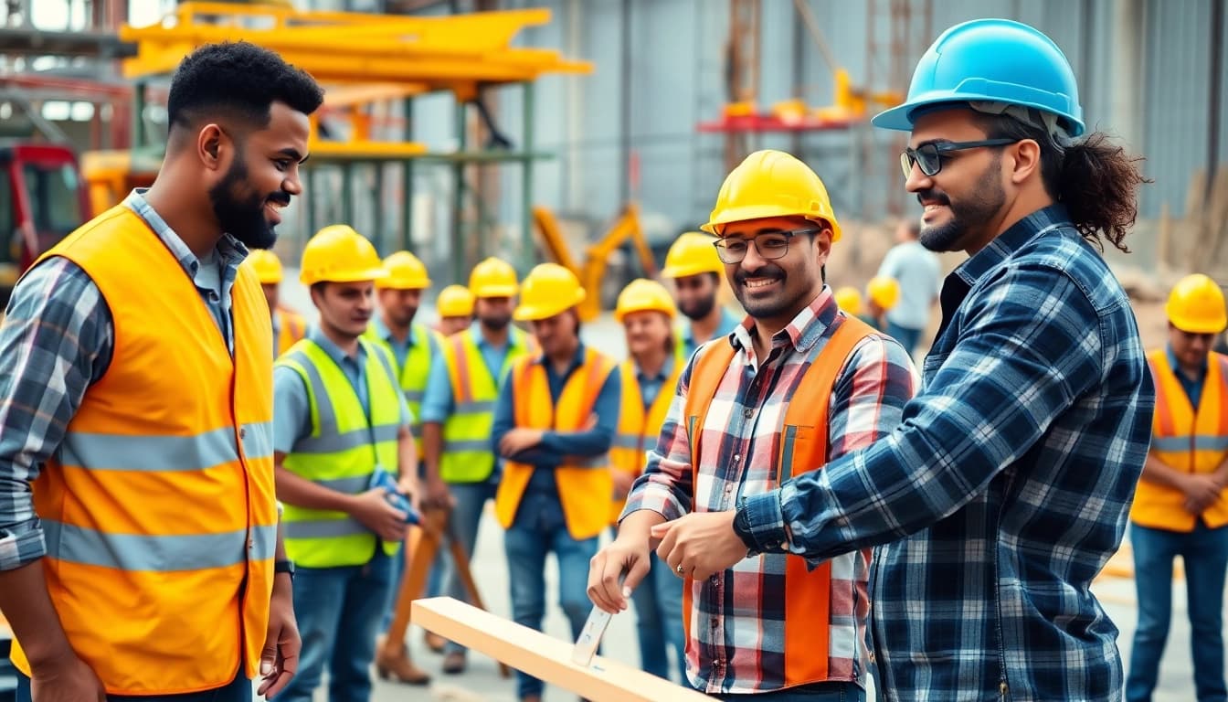 Construction career teamwork showcased by diverse workers on a vibrant job site.