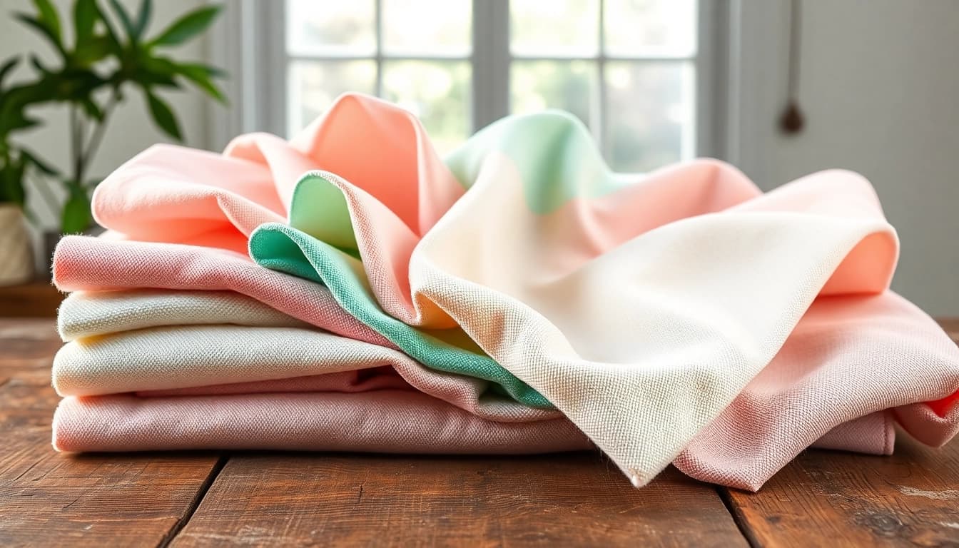 Katoen stoffen assortiment op een rustieke tafel met zachte pasteltinten en unieke texturen.