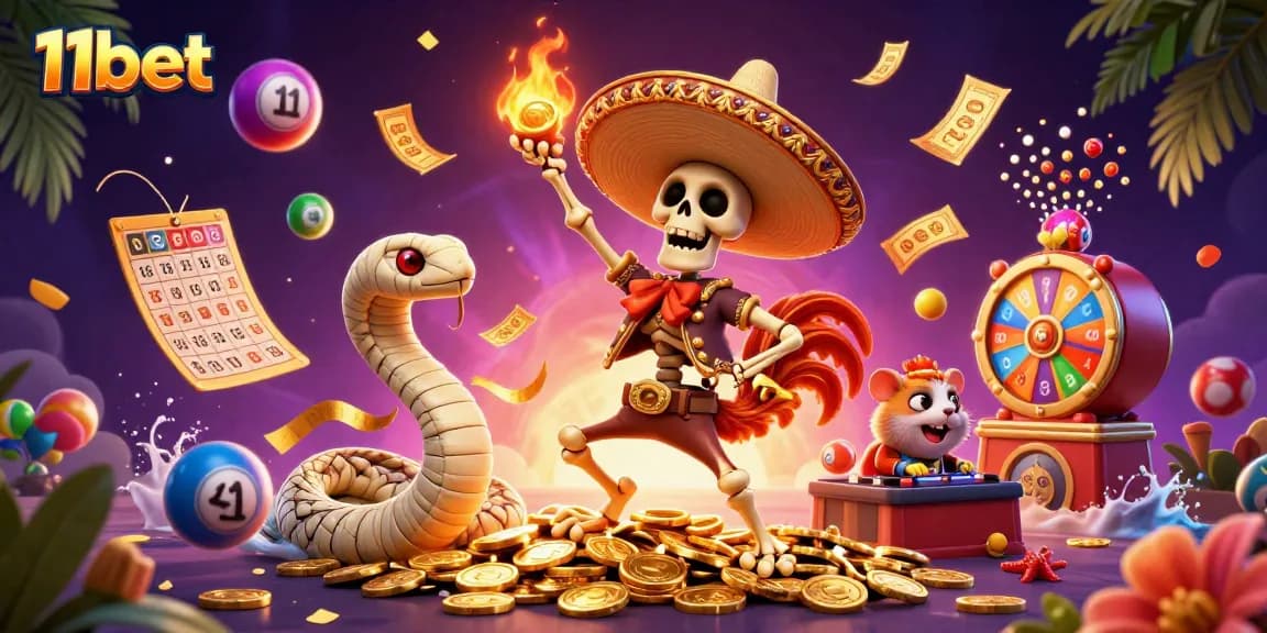 Win big with 11bet in a vibrant 3D casino illustration featuring dynamic gambling elements.