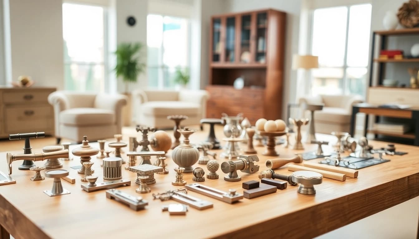 Enhance your space with quality products from a furniture hardware supplier showcasing elegant knobs and hinges.