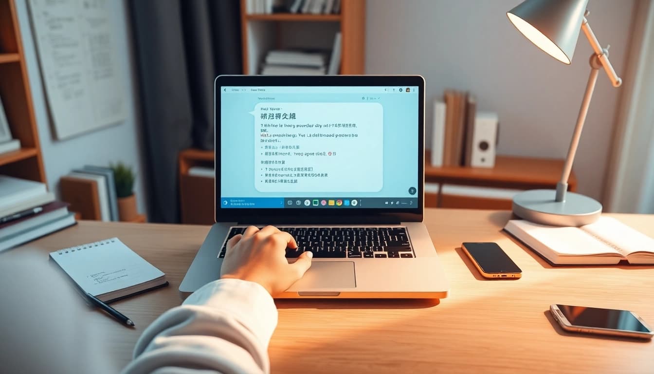 Professional user utilizing 有道翻译 for seamless multilingual translation in a modern workspace.