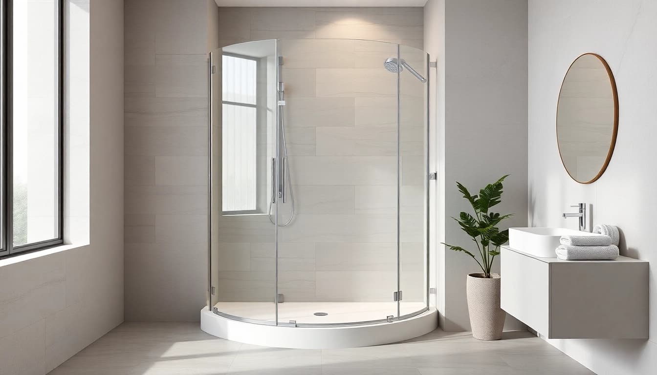 Showcasing a corner shower screen frameless in a stylish bathroom with natural elements and serene lighting.