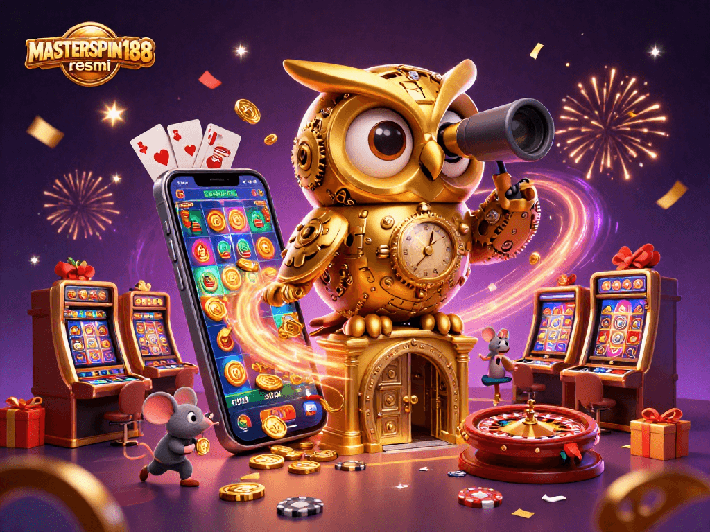 Experience excitement with MASTERSPIN188 resmi as a golden clockwork owl surveys a bustling casino.