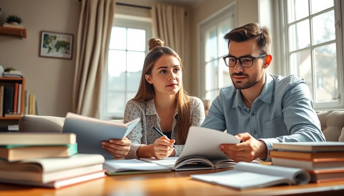 TOEFL test takers for hire collaborating in a cozy study atmosphere with books and a laptop.