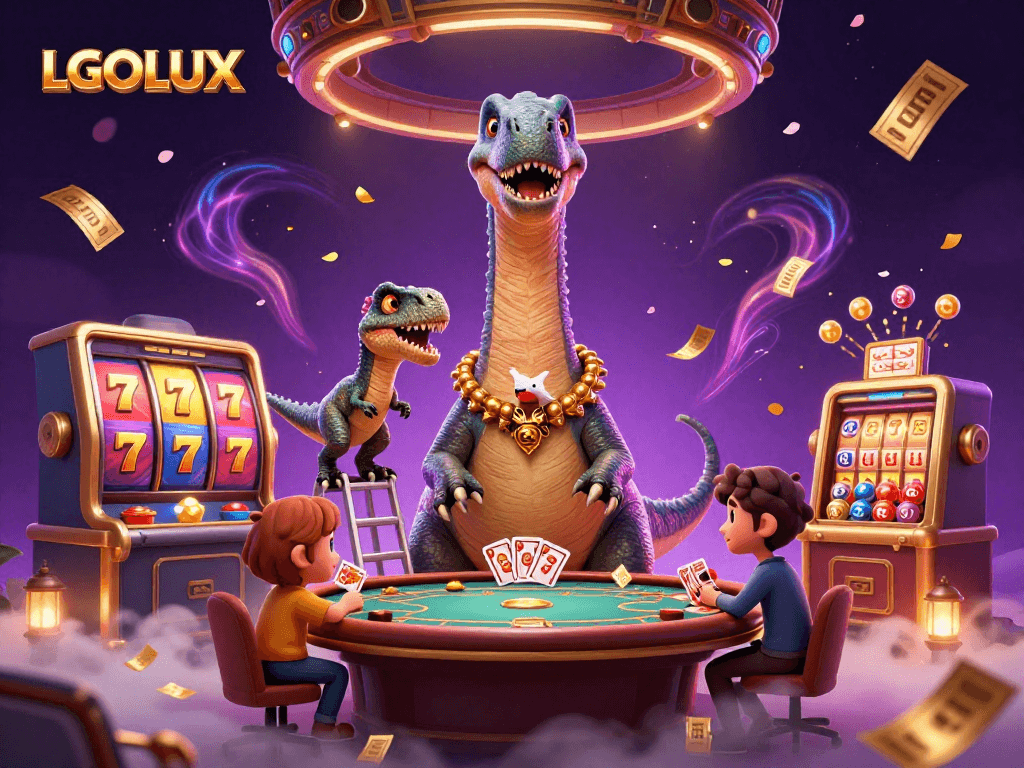 Experience the thrilling world of LGOLUX as a giant dinosaur oversees a vibrant casino scene.