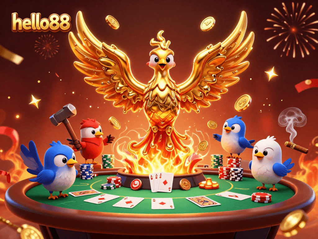 Experience thrilling gameplay with hello88 as golden coins rain down from a molten phoenix.