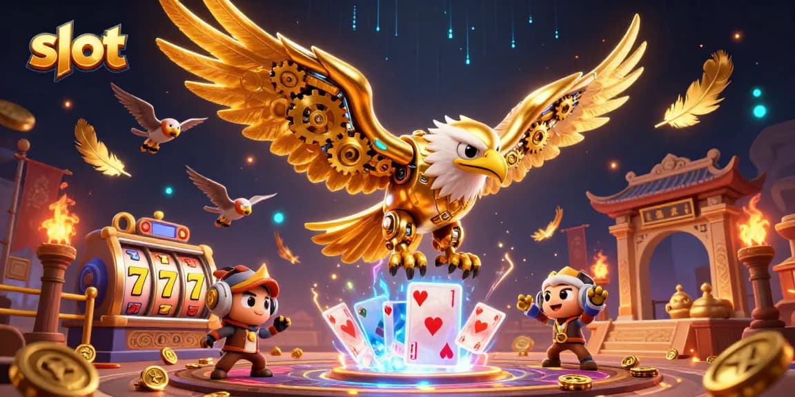 Experience thrilling slot adventures with a dynamic eagle flying amidst holographic cards and gaming elements.