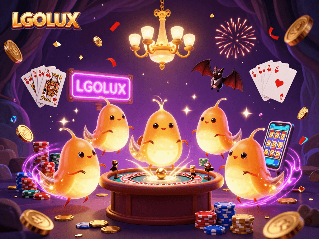 Experience winning at LGOLUX with a vibrant casino scene featuring joyful glowworms and a bat dealer.
