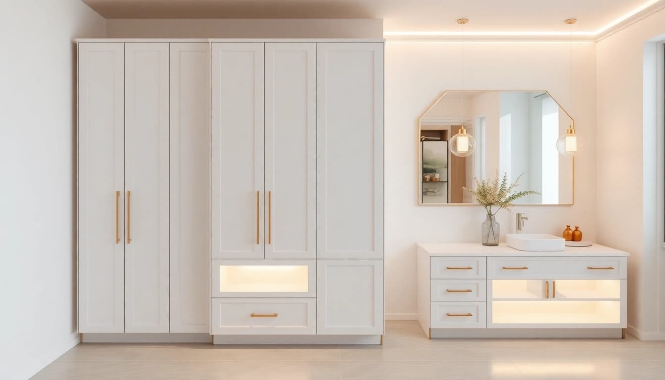 Showcasing elegant illuminated bathroom cabinets enhancing a modern vanity, with soft lighting and stylish design.