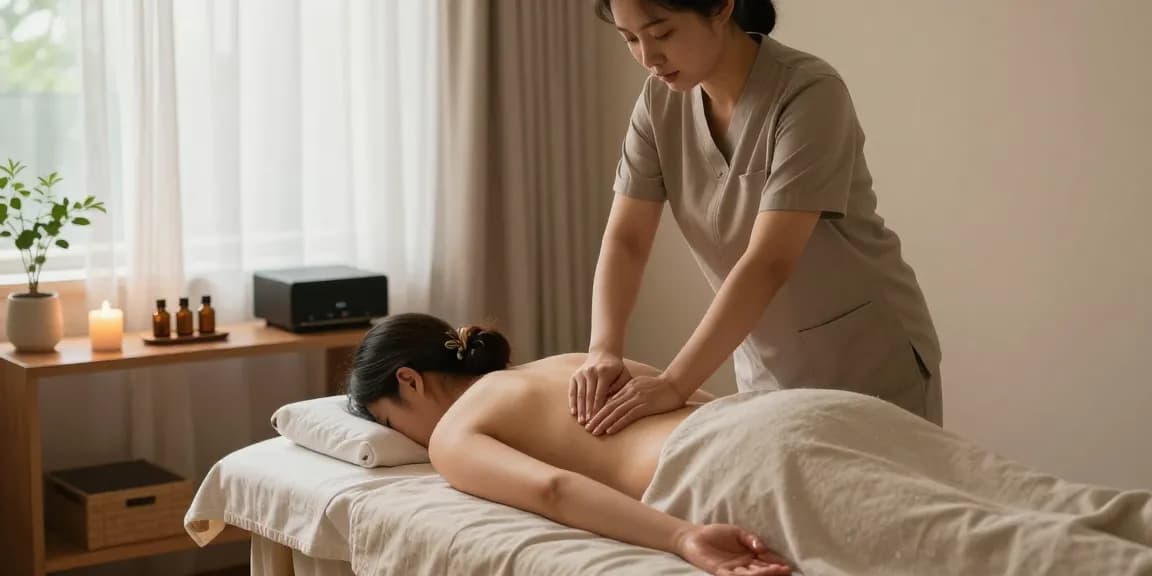 시흥출장안마 - Professional therapist providing a soothing Swedish massage in a cozy, well-lit home setting.