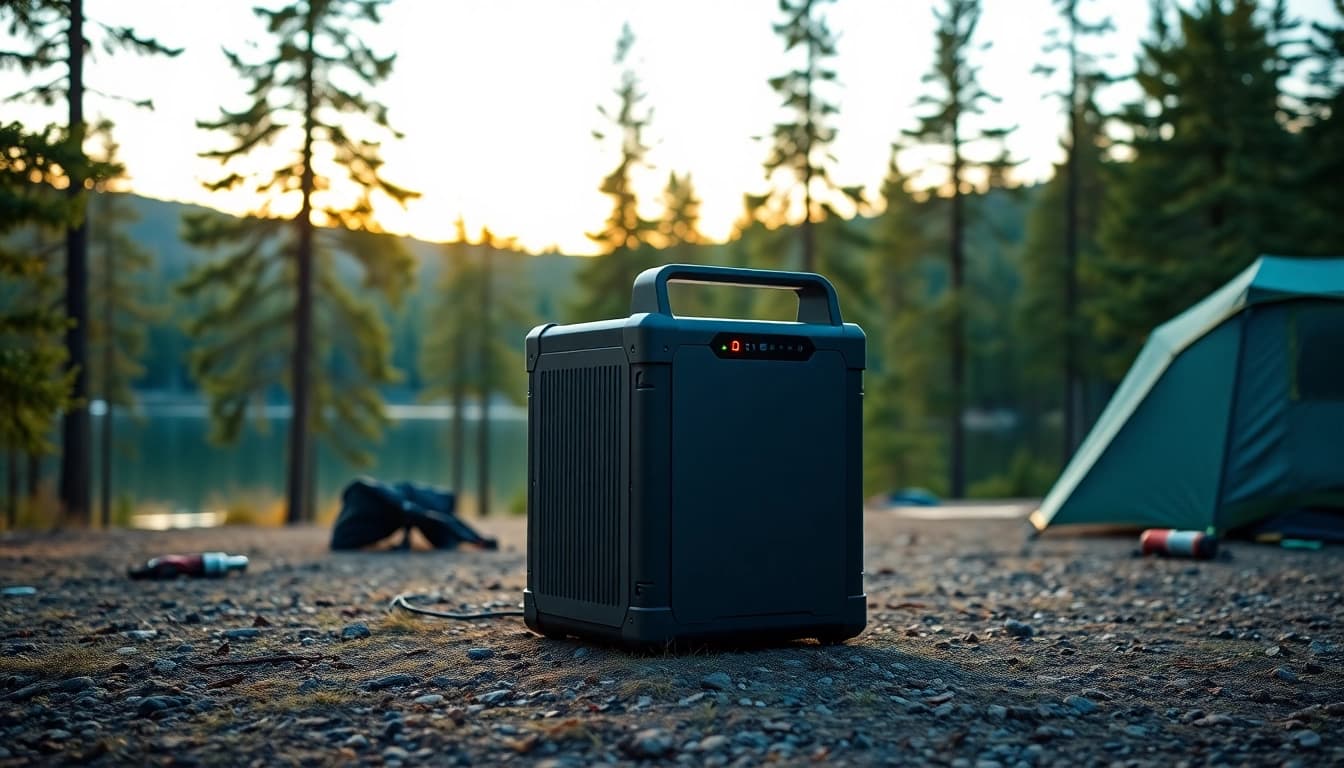EcoFlow portable power station prominently displayed in a serene camping setting.