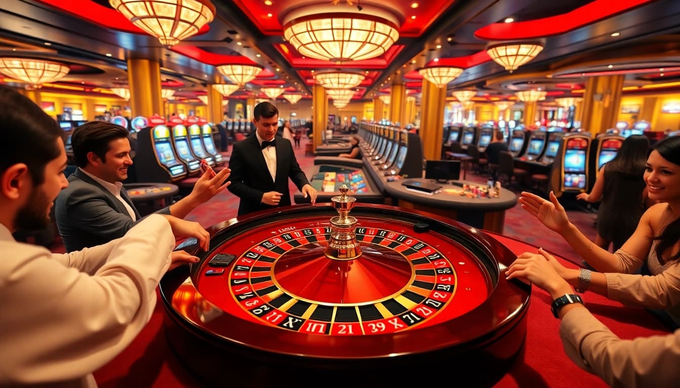 LUCK 8 players cheer as they place bets at an opulent roulette table in a bustling casino.