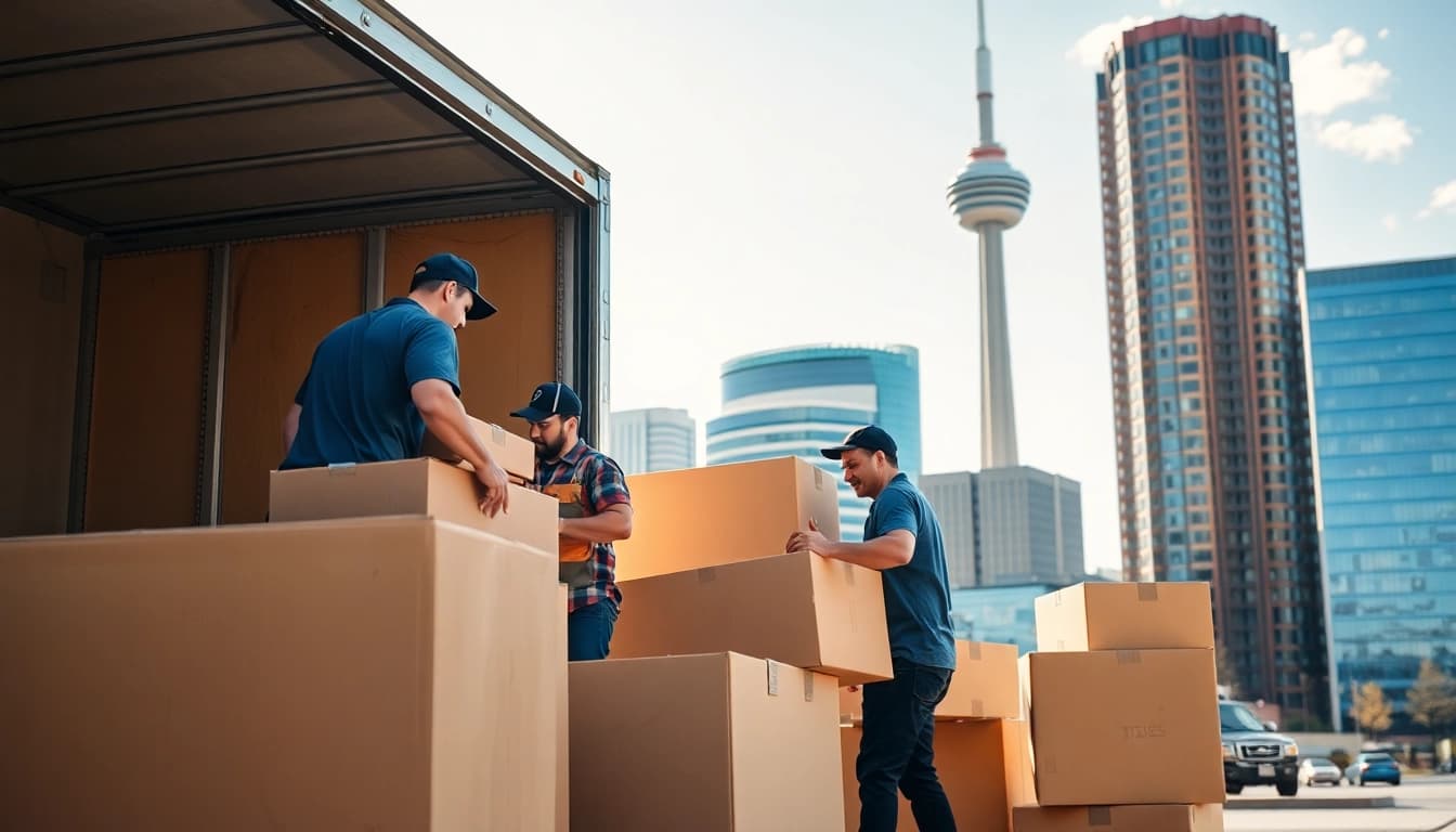 Calgary movers efficiently loading furniture into a truck with the city skyline in the background.