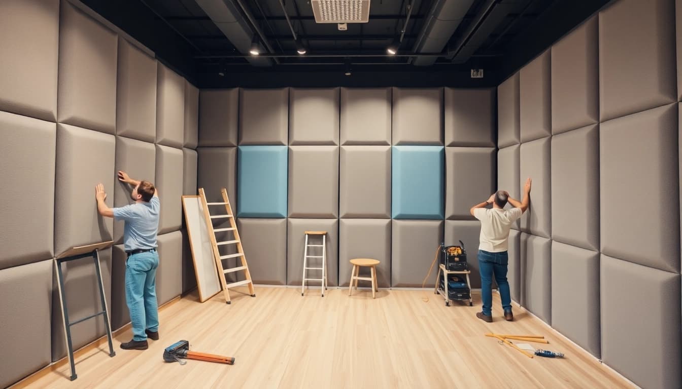 Apply mass loaded vinyl in a professional setting focused on soundproofing installation.