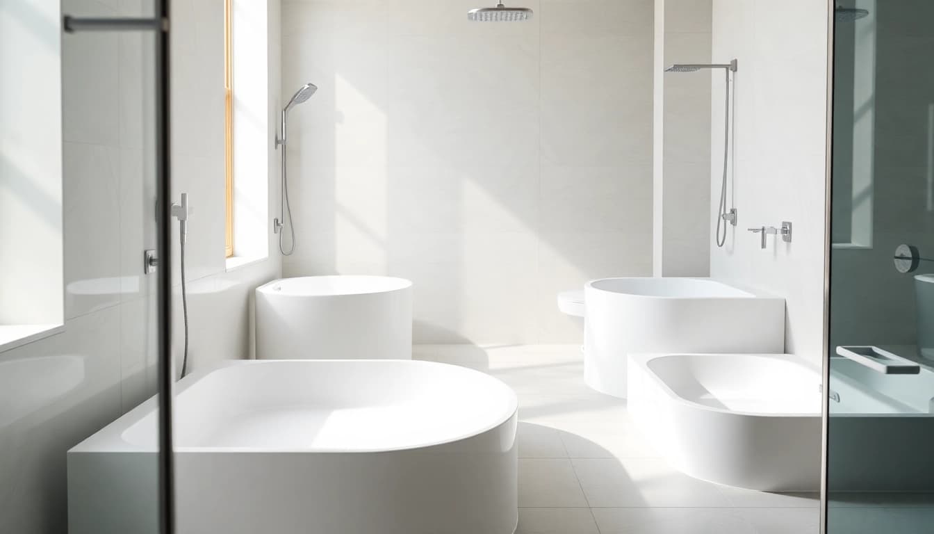 Explore elegant shower bases displayed in a modern bathroom with soft natural light.