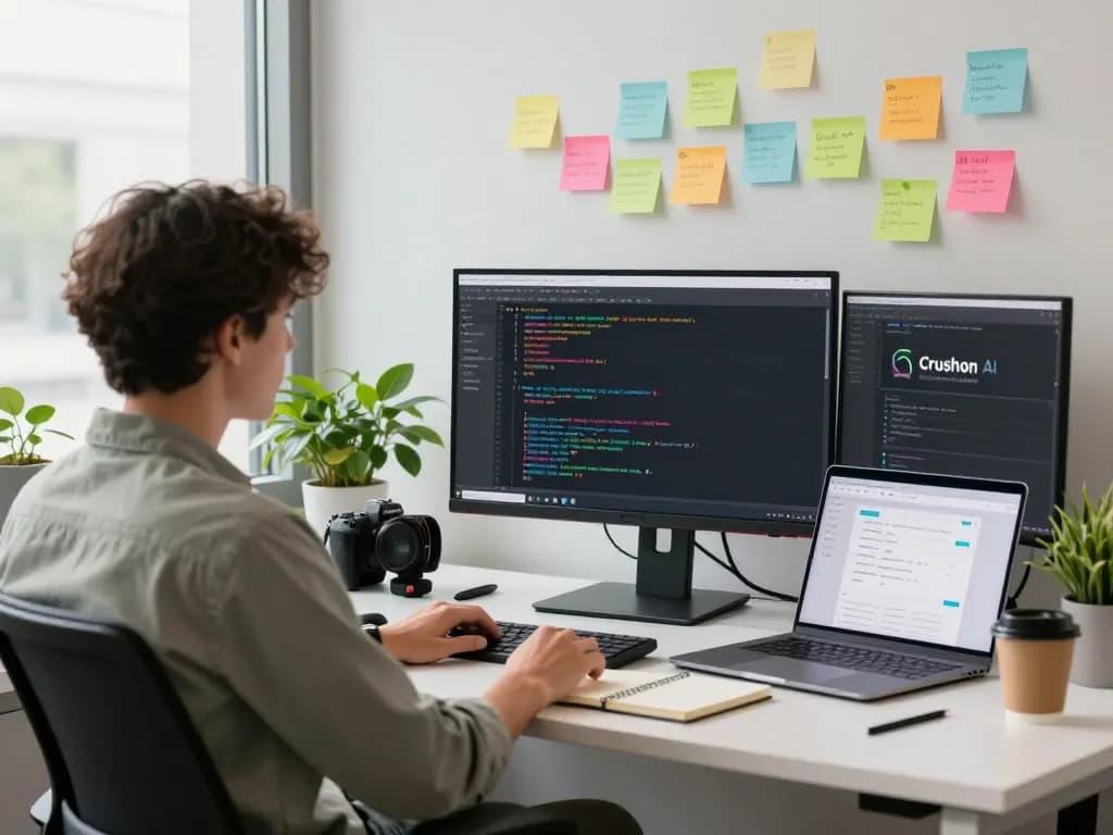 Developer coding on Crushon AI platform in a modern office setting.