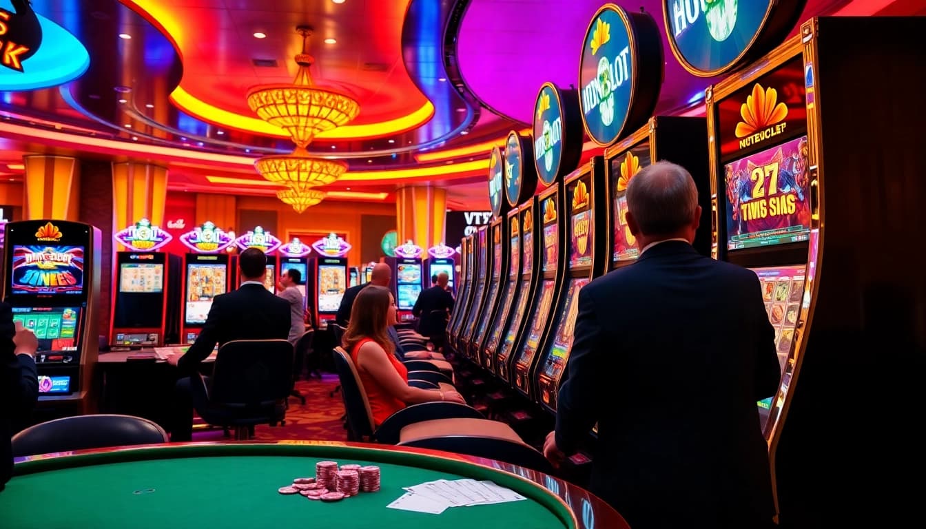 Experience thrilling idnslot gameplay amidst a luxurious casino setting with colorful slot machines and vibrant lights.