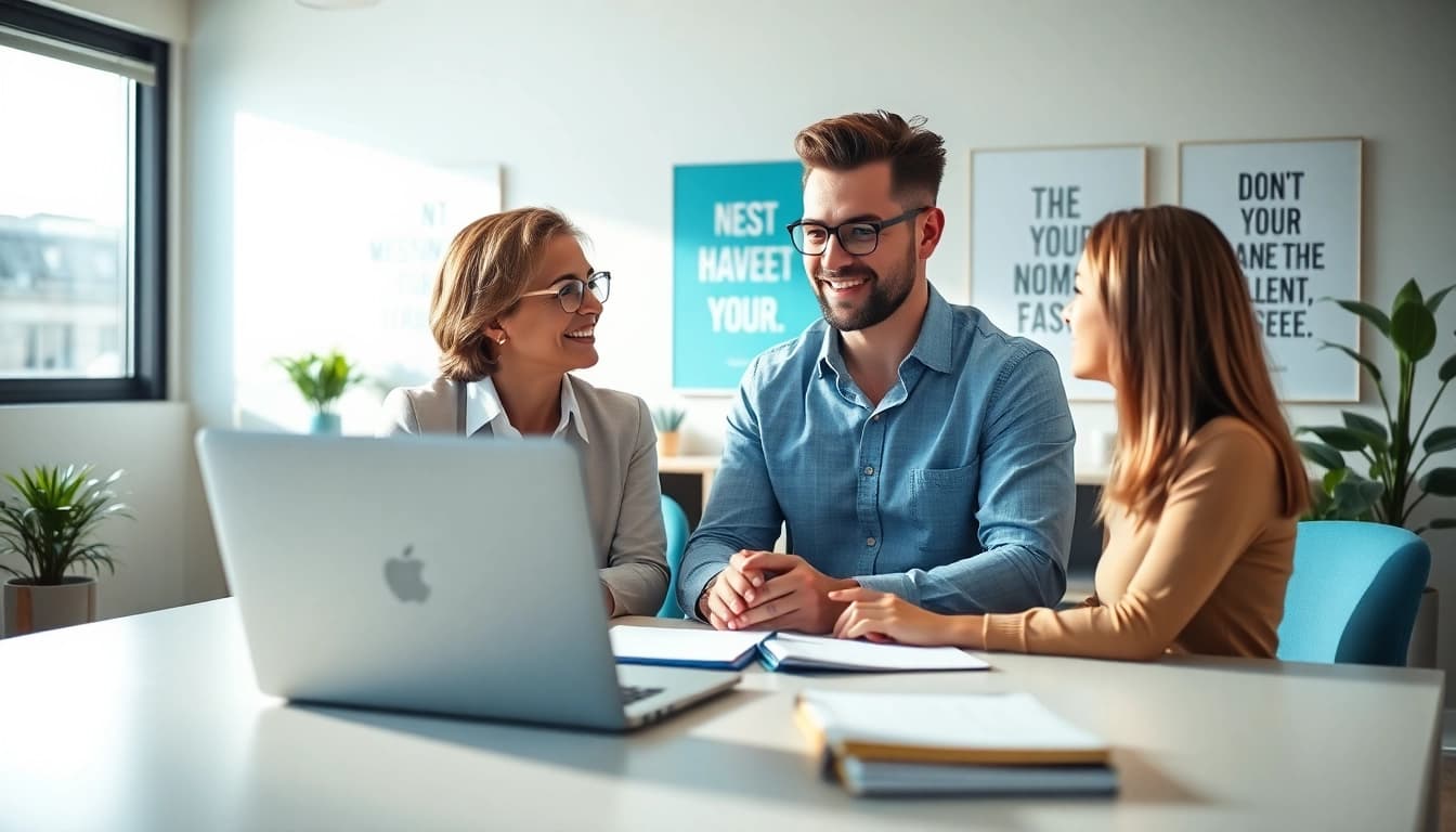 Career coaching session between a coach and client in an office, highlighting collaboration.