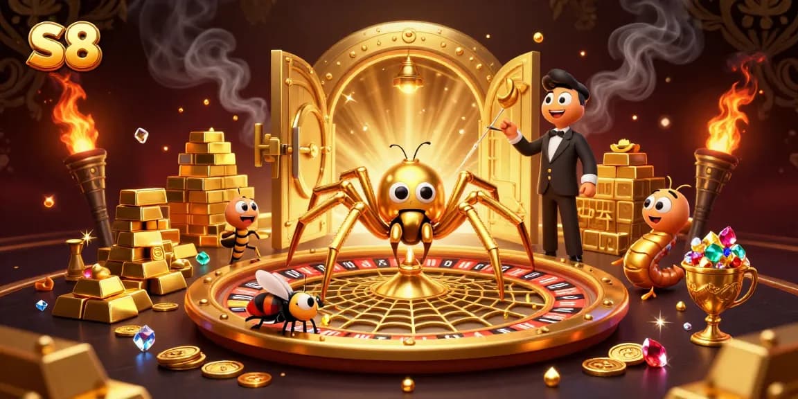 S8 offers an exciting gambling experience with a dynamic scene featuring a golden roulette web and animated characters.