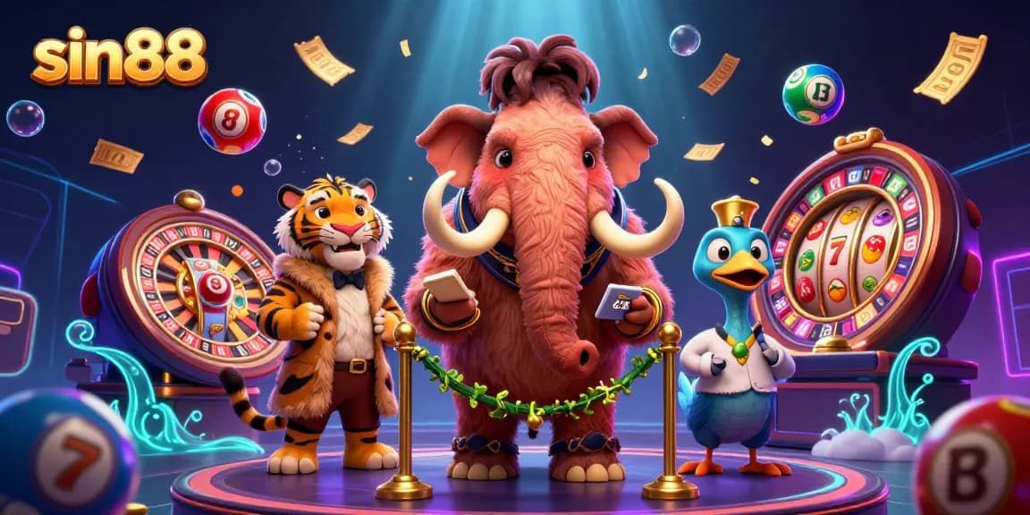 Join the vibrant world of sin88 with a unique 3D casino scene showcasing whimsical characters and dynamic gaming elements.
