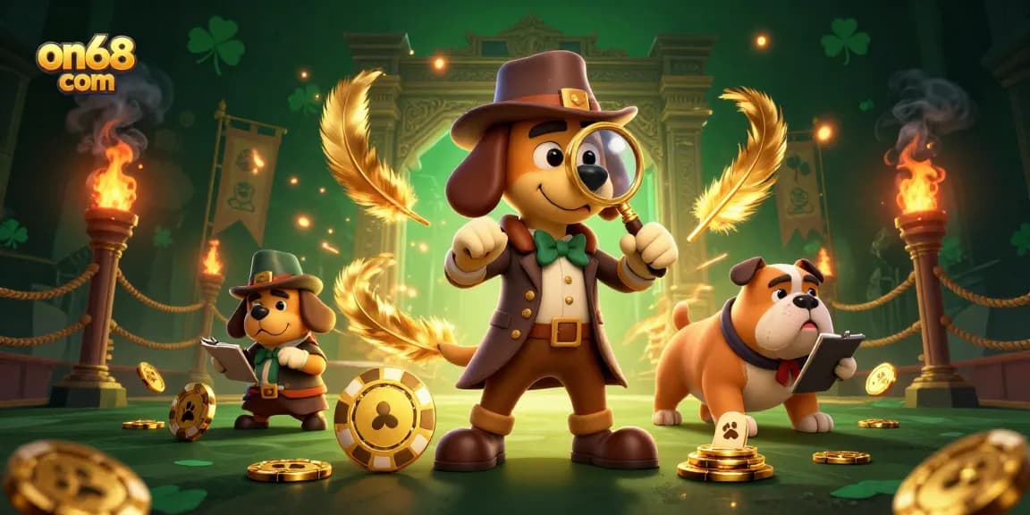 Engage in thrilling betting at on68 com with detective and bulldog discovering gold clues in vibrant casino!