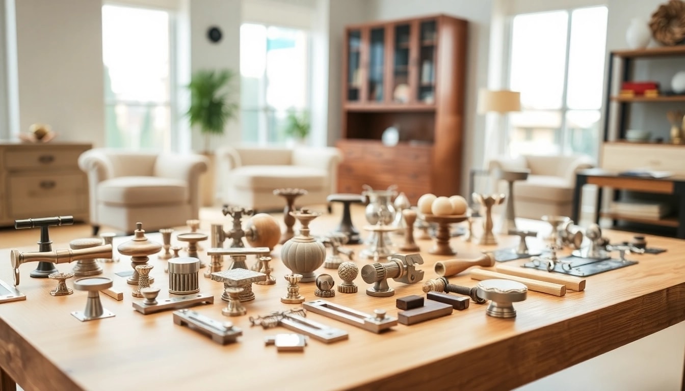 Enhance your space with quality products from a furniture hardware supplier showcasing elegant knobs and hinges.