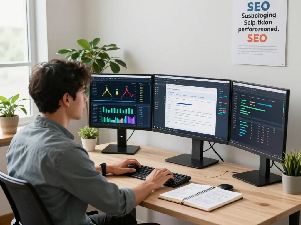 SEO strategist optimizing website performance using group buy SEO tools in a bright workspace.