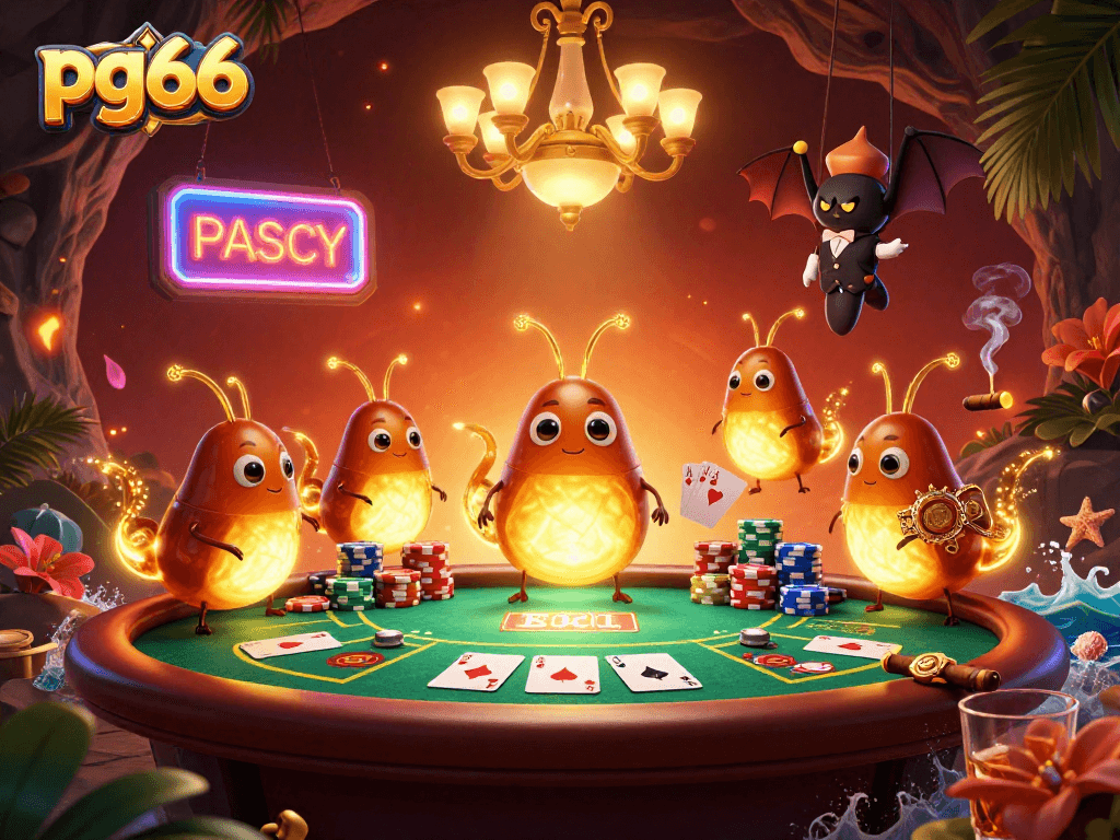 Experience the thrill of pg66 casino magic with card games and glowing creatures illuminating the scene.