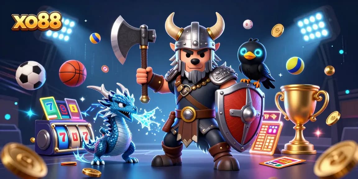 Engage with xo88's immersive 3D casino illustration featuring a Viking warrior and dynamic gaming elements.