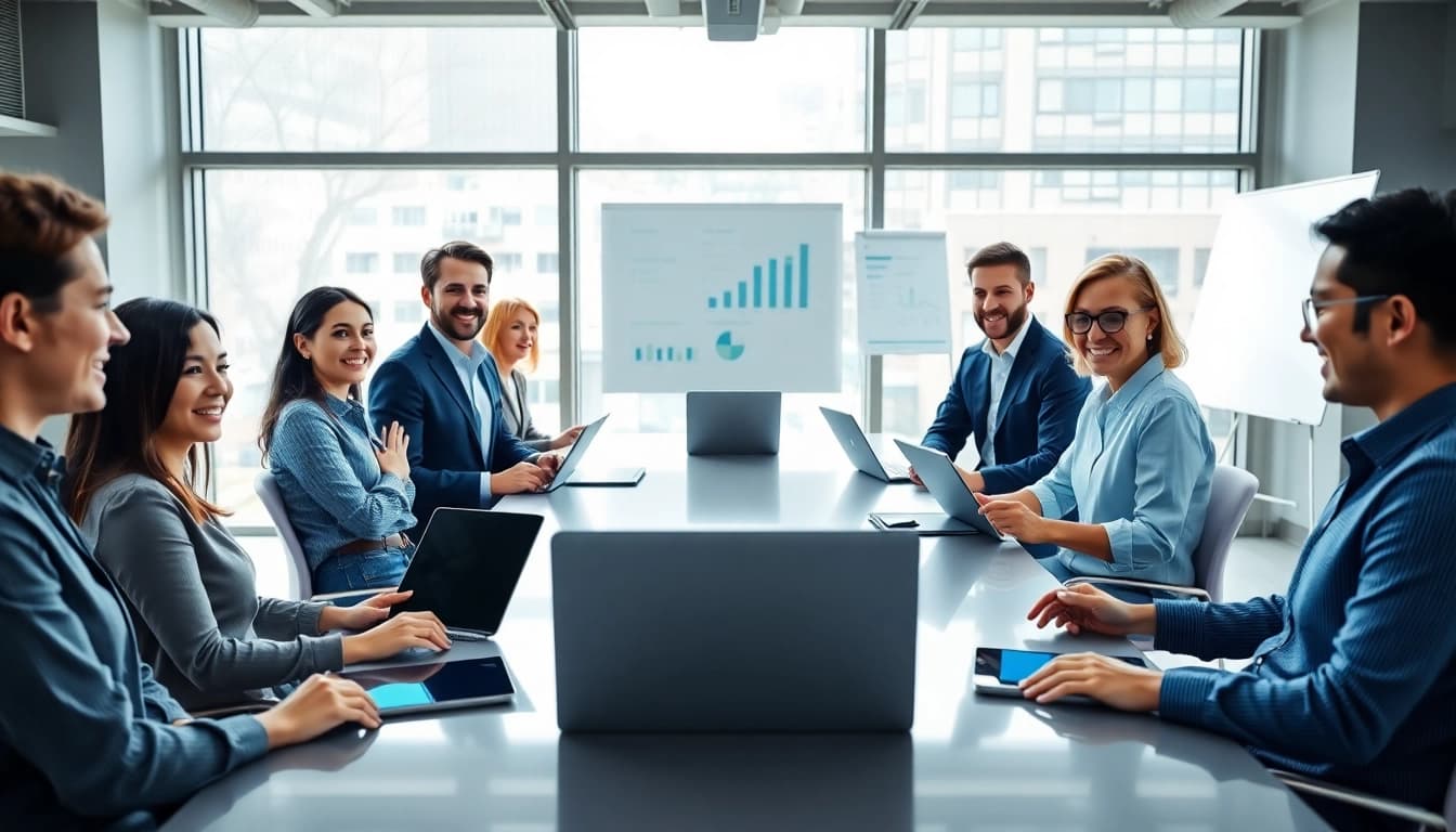 Engaging teamwork scene showcasing workforce development strategies in a modern office.