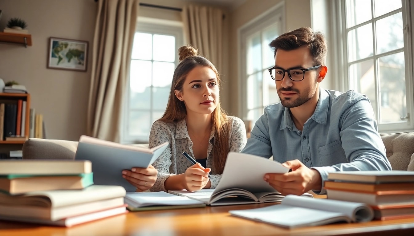 TOEFL test takers for hire collaborating in a cozy study atmosphere with books and a laptop.