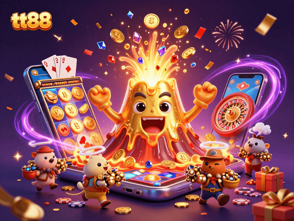 Experience the thrill of tt88 casino with a 3D golden volcano erupting coins and treasure!