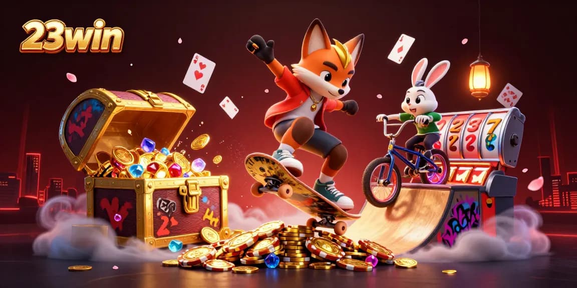 Experience thrilling action with 23win in a dynamic casino-themed scene featuring vibrant characters and games.