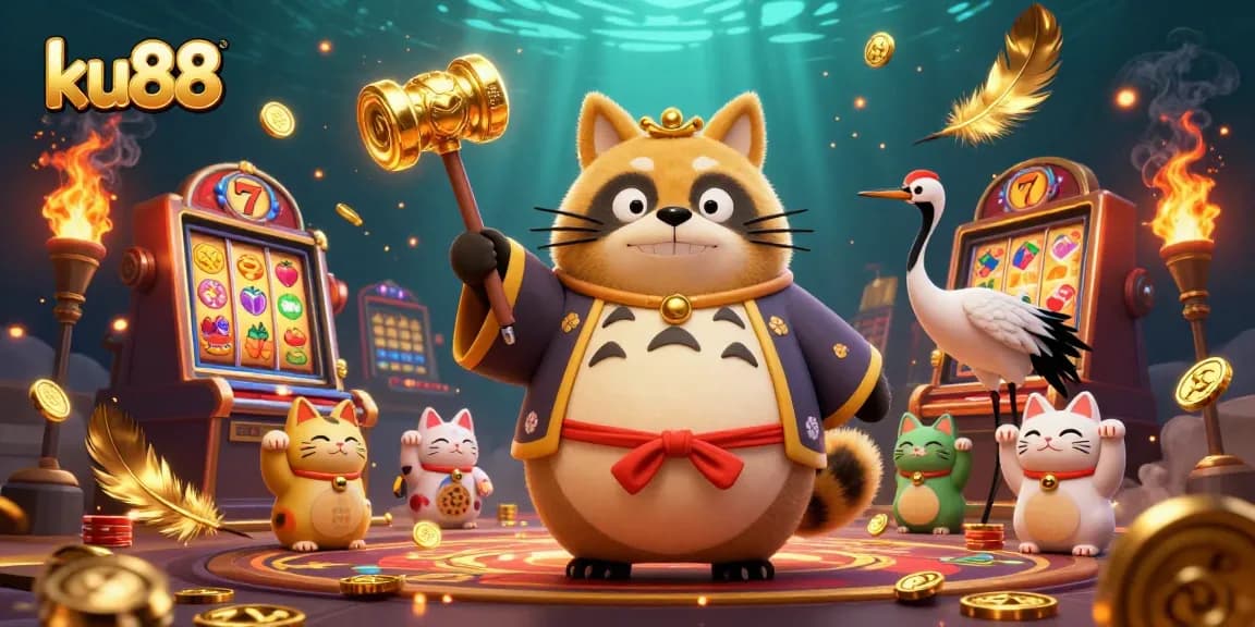 ku88 casino features cheerful tanuki and colorful fortune cats in a dynamic 3D illustration.
