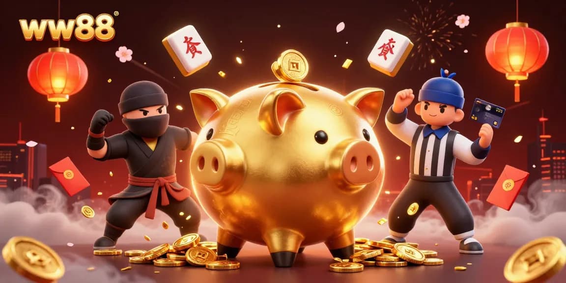Win big at ww88 with a lively illustration featuring a golden piggy bank sumo wrestler surrounded by vibrant gaming elements.