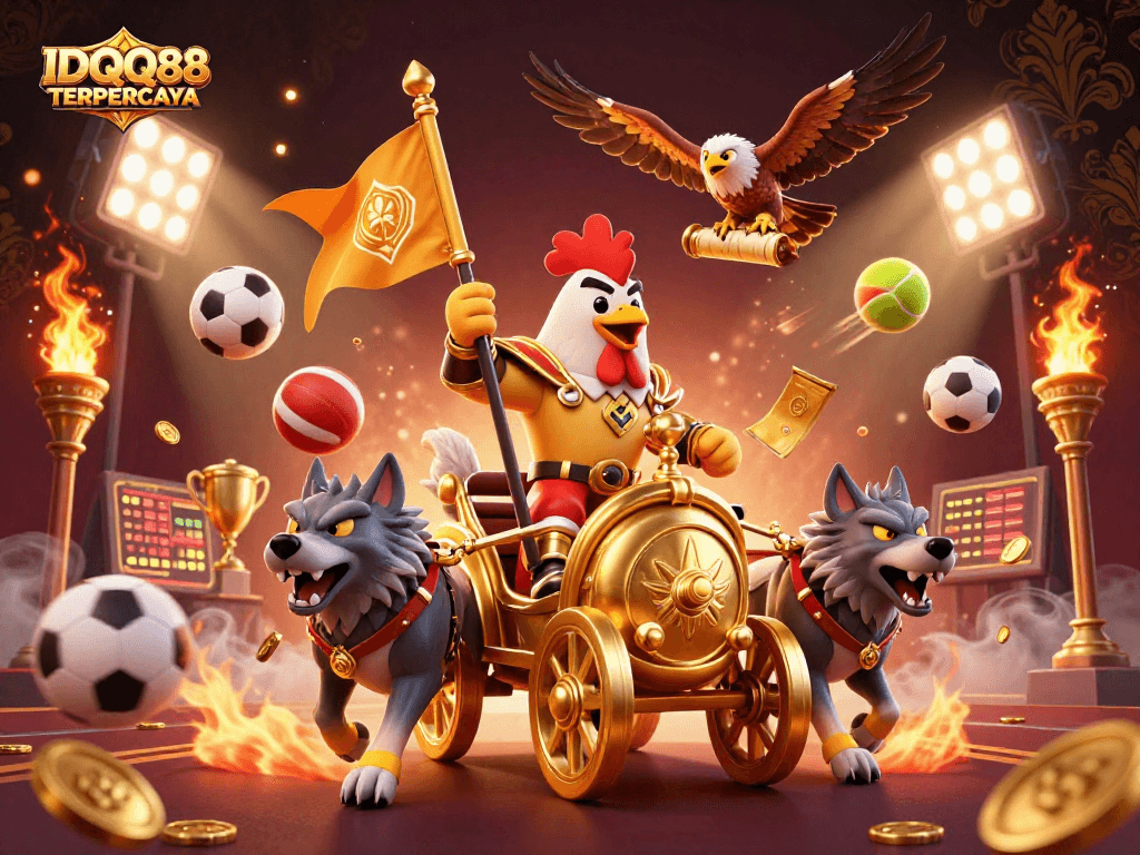 Engage with IDQQ88 TERPERCAYA in a dynamic 3D cartoon scene of a rooster warlord leading thrilling sports betting.
