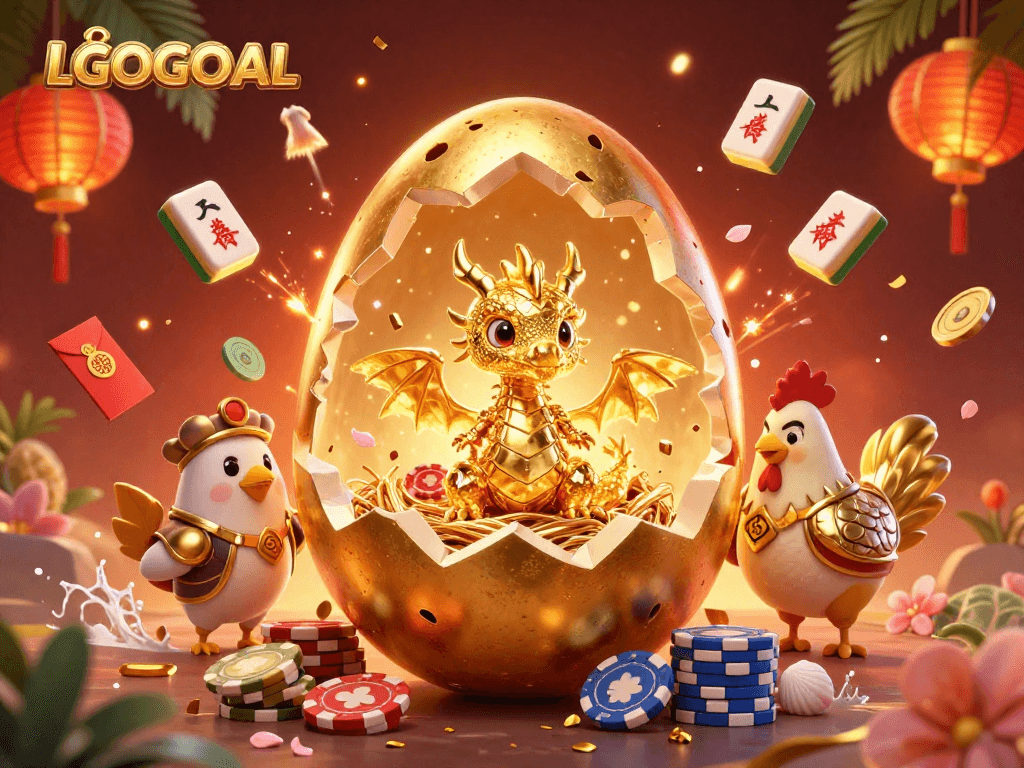 Engage with LGOGOAL's golden dragon mascot and poker chips amidst vibrant casino elements.