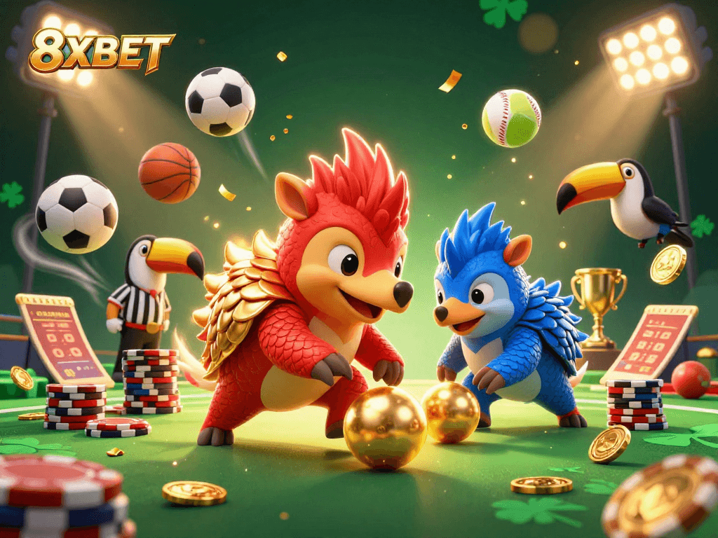 Engage in thrilling gameplay at 8XBET with vibrant pangolins amidst lively casino elements.