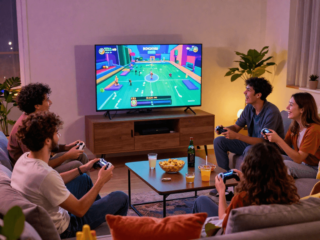 Friends enjoying gaming at home with ROKOK88 patterns on screen