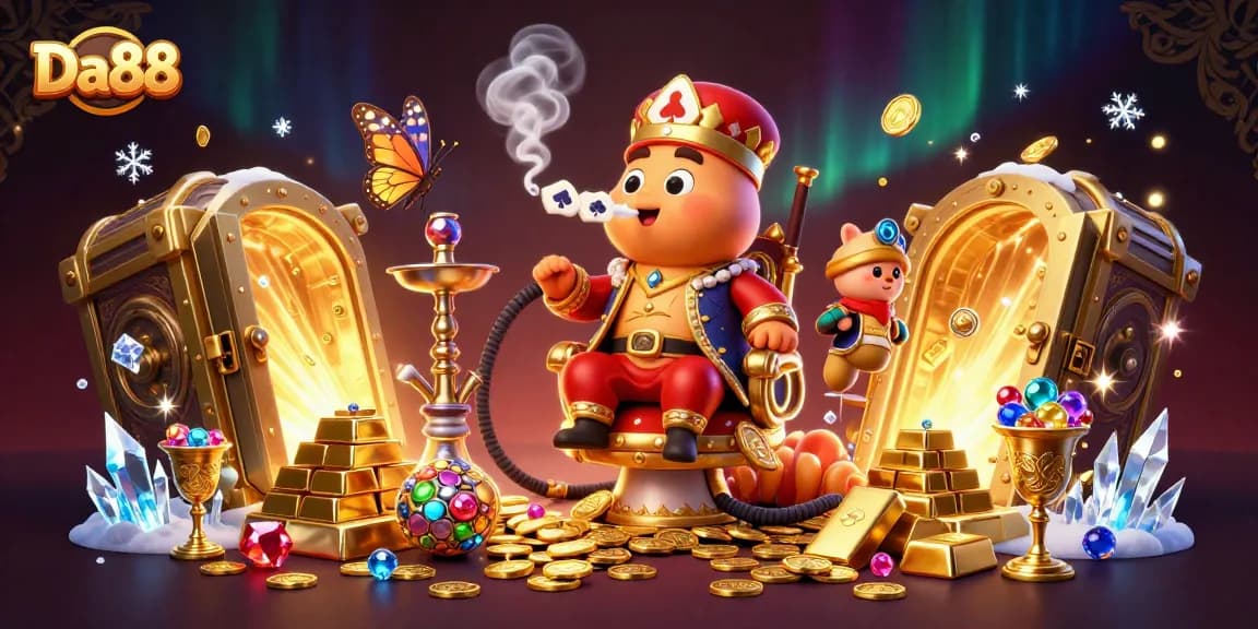 Experience the Da88 gaming adventure with vibrant symbols and treasures from an opulent casino.