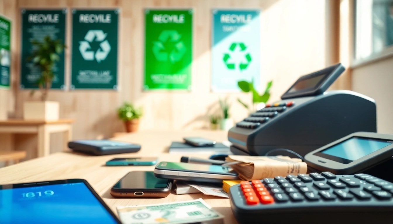 People exchanging cash for used phones in a professional recycling office.