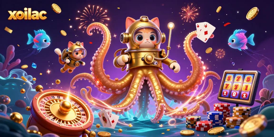 Experience the excitement of xoilac with a giant kraken, diving cat, and underwater treasures in a vibrant casino scene.