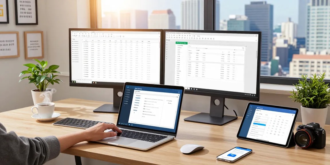 Download WPS Office on a laptop with modern workplace setup, showcasing productivity tools and vibrant atmosphere.