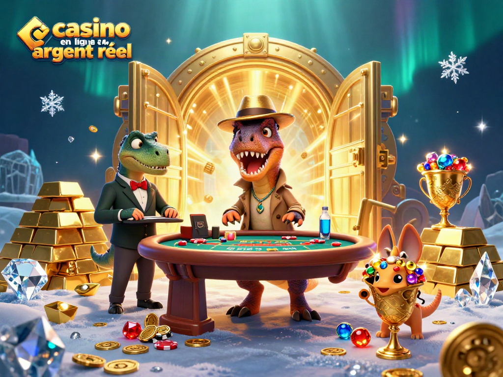 Jouez au casino en ligne argent réel avec ce velociraptor en trench coat à une table de blackjack.