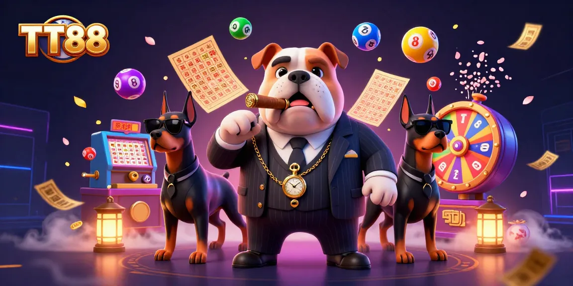 Experience thrilling gaming at TT88 with a dynamic scene featuring a mafia bulldog and lucky lottery elements.