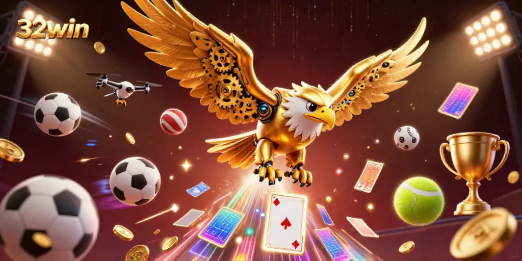 Experience the thrill of 32win betting with a dynamic golden eagle and vibrant floating cards.