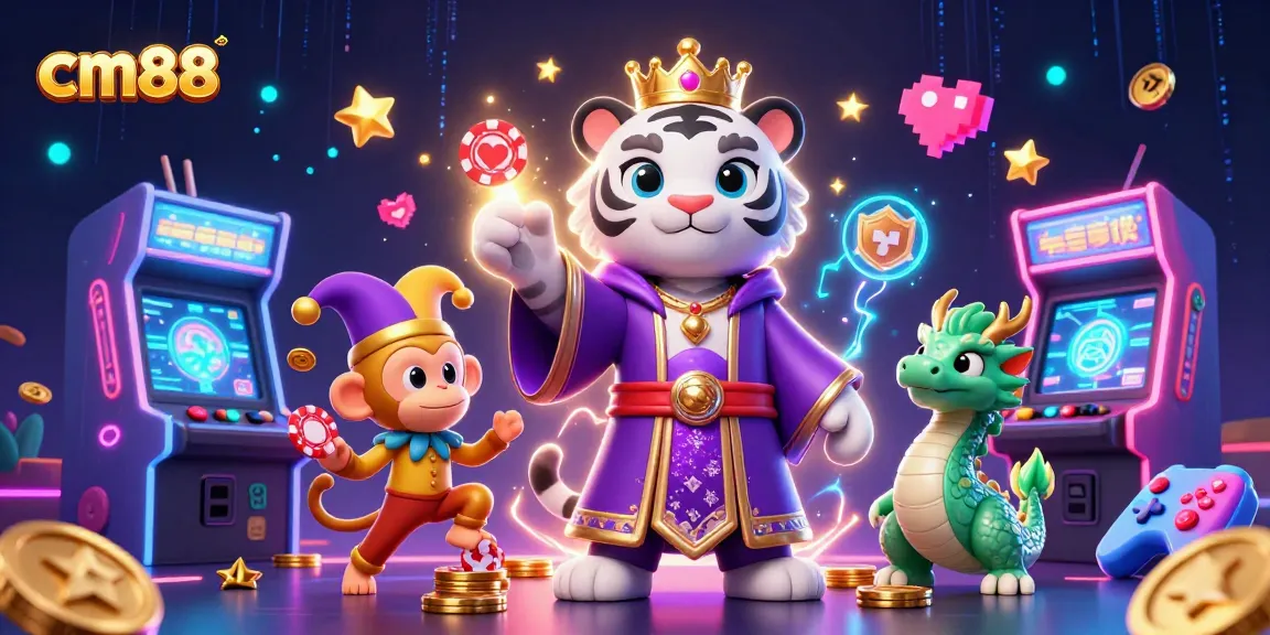 Experience the vibrant playfulness of cm88 with a 3D tiger, monkey, and jade dragon in a colorful casino scene