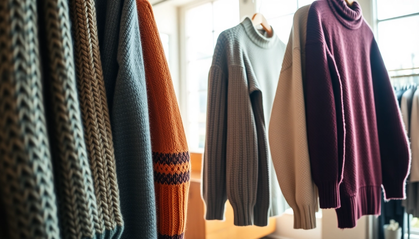 Stylish sweaters arranged in a boutique, showcasing colorful knit patterns and inviting textures.